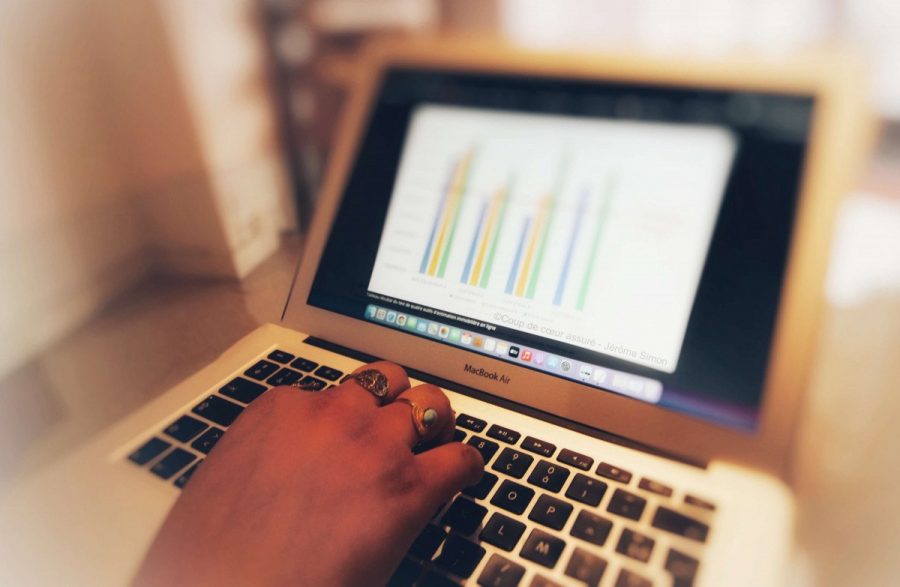 Une main féminine sur un ordinateur affichant un graphique